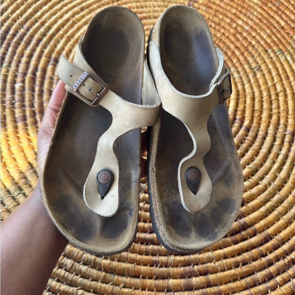 Birkenstock 9 Beige Leather Thong Sandals with Buckle